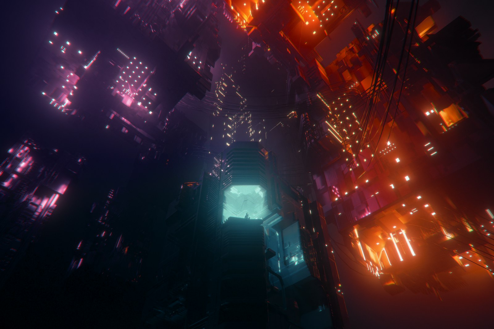 Futuristic city skyline glowing with blue and magenta neon at night, the machined-future world sci-fi type builds